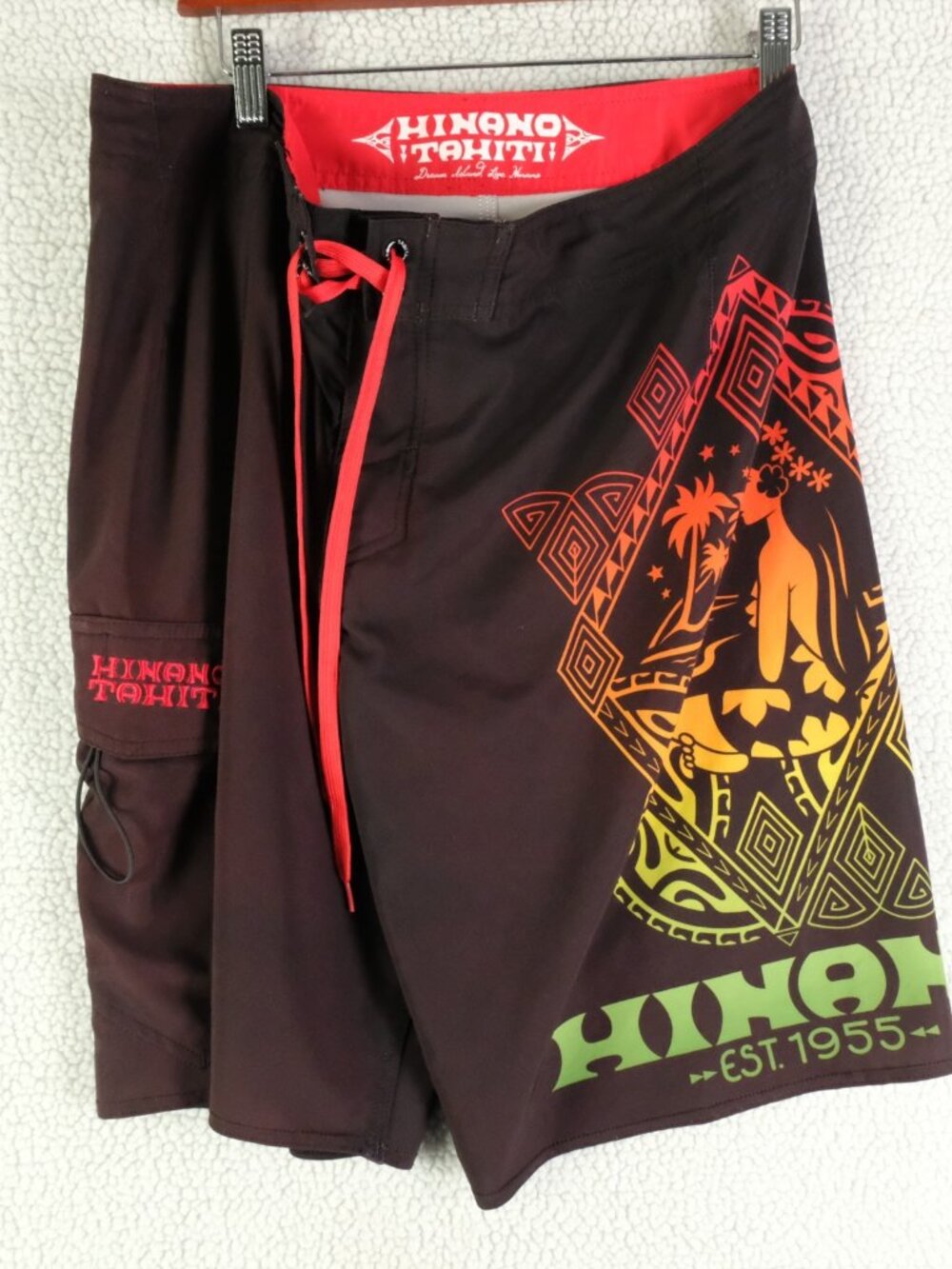 Hinano Tahiti Board Shorts Mens 32 Black Hula Girl Tropical Colorful Surf Swim